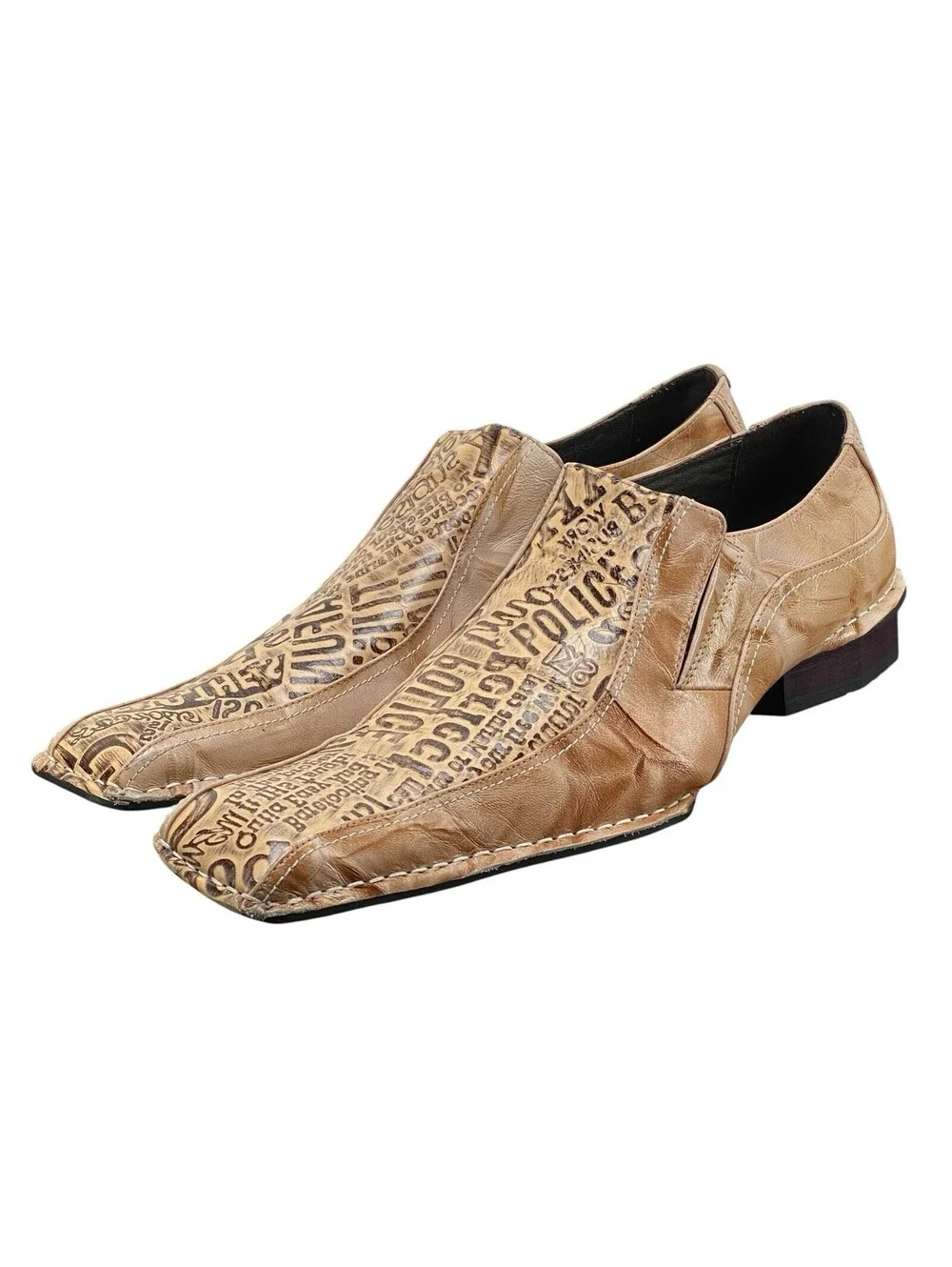 ZOTA Men's Size 12 Brown Leather Newspaper Print Square Toe Loafers Shoes
